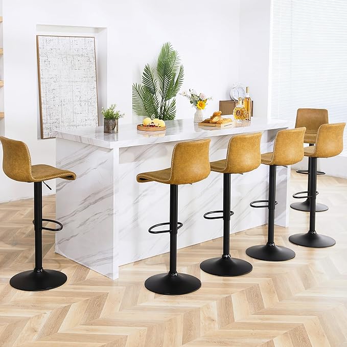 HeuGah Bar Stools Set of 6, Swivel Counter Height Barstools with Back, Adjustable Height 24" to 32", Whiskey Brown Faux Leather Bar Chairs for Kitchen Island (Whiskey Brown, Set of 6 (24'' to 32''))