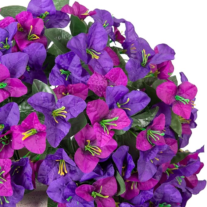 2 pcs Artificial Faux Bougainvillea Flowers Plants for Outdoor Outside Summer Decoration, Fake Silk UV Resistant Long Trailing Vines for Front Door Porch Planter Balcony, Deep Purple Deep Lotus