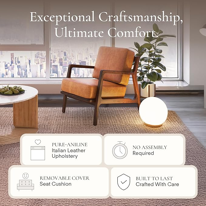 POLY & BARK Verity Leather Accent Chair – Armchair with Walnut Wood Frame – Fashion-Forward Lounge Seating for Living Room – Upholstered in Cognac Tan Leather for Modern Style