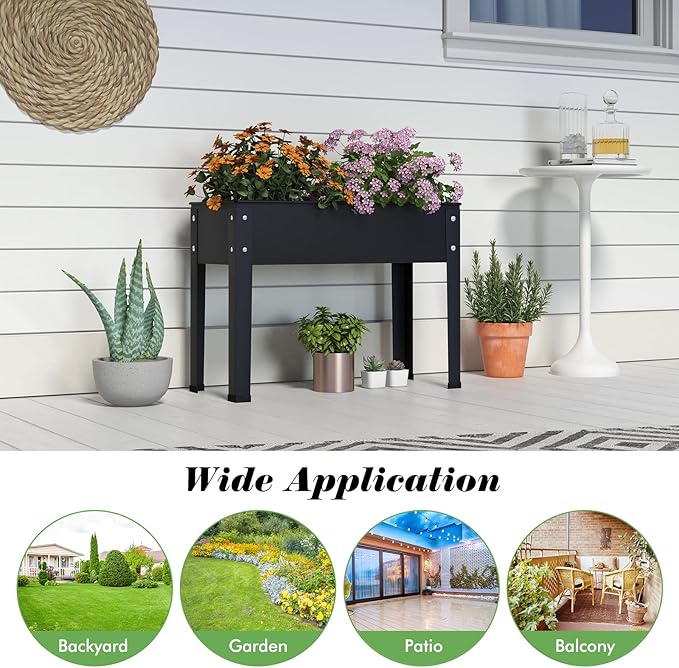 HAPPYGRILL Raised Garden Bed, 18” Elevated Planter Box w/Legs, Drainage Hole, Hemming Design, Metal Garden Box for Vegetable Herb, Outdoor Raised Beds for Gardening, Backyard Porch Balcony, Black