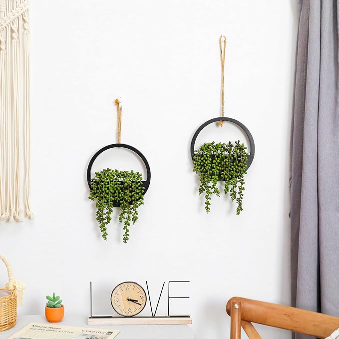 Floweroyal 2pcs Artificial Succulents Hanging Plants 12.2'' Fake String of Pearls in Pot with 8.3'' Lanyard for Indoor Outdoor Wall Decor (Black).