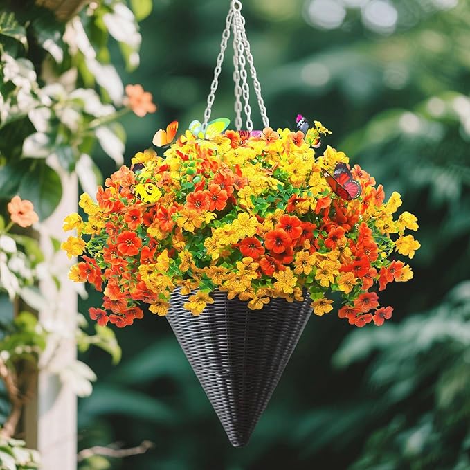 ‌20 Bundles Artificial Flowers for Outdoors‌ with 6 Faux Butterflies, UV Resistant ‌Fake Flowers‌ with Eucalyptus Leaves, ‌Artificial Plants Outdoor‌ for Patio Garden Porch Home Decor (Orange Yellow)