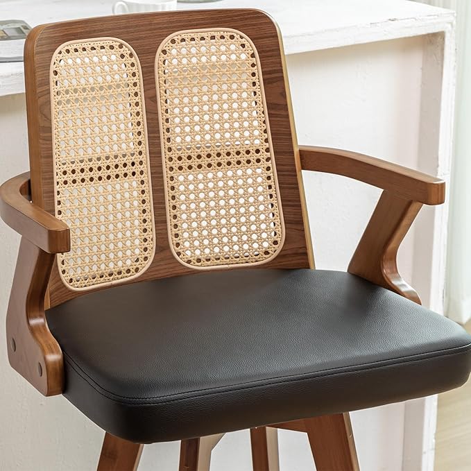 Set of 4 Rattan Bar Stools - 30 inch Swivel Mid Century BarStools with Cane Back, Walnut Craftsmanship, Upholstered Seat, Bar Height Stools for Bar/Pub/Island/Cafe (30" Seat Height, Black)