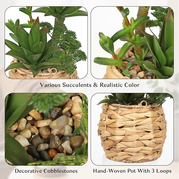 10" Large Succulents Plants Artificial in Wooden Pots, Fake Succulents in Woven Pots, Faux Succulent Artificial Plants Indoor for Home, Bedroom, Living Room, Bathroom Desk Shelf Table Decor