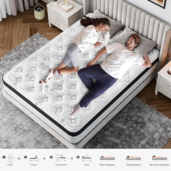 12Inch King Hybrid Mattress with Gel Memory Foam & Pocket Coils, CertiPUR-US Certified, Medium Firm Support for Pressure Relief & Cool Sleep, Delivered in a Box