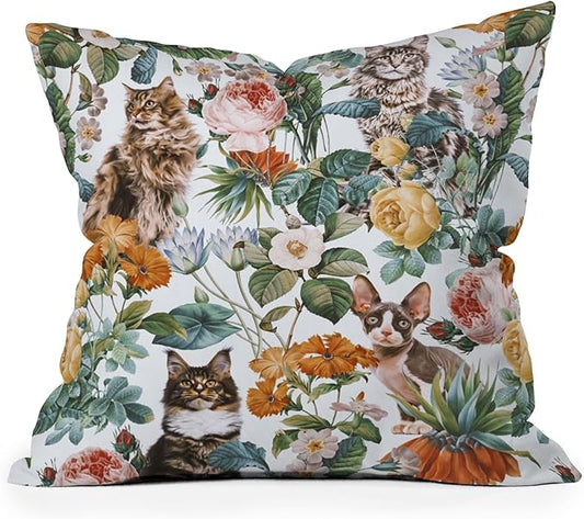 Society6 Cat and Floral Pattern III Throw Pillow Insert-Home Decor by Burcu Korkmazyurek, 20" x 20"