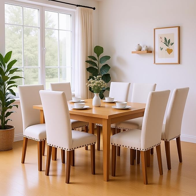 Set of 4 Beige Upholstered Dining Chairs – Farmhouse Kitchen Chairs with High Back, Solid Rubberwood Legs, Padded Foam Seat & Bronze Nailhead Trim, Comfortable Dining Room Chairs for Home, Living Room