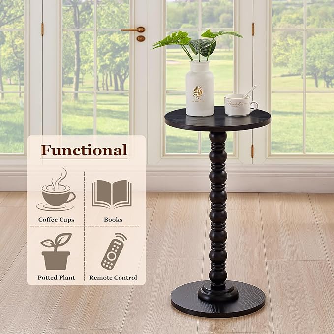 Round Side Table,Stable Small Drink Table for Small Spaces, Modern Accent Side Table with Solid Rubber Wood Table Leg,Easy Assembly for Living Room, Bedroom, Sofa & Office Corners-Black