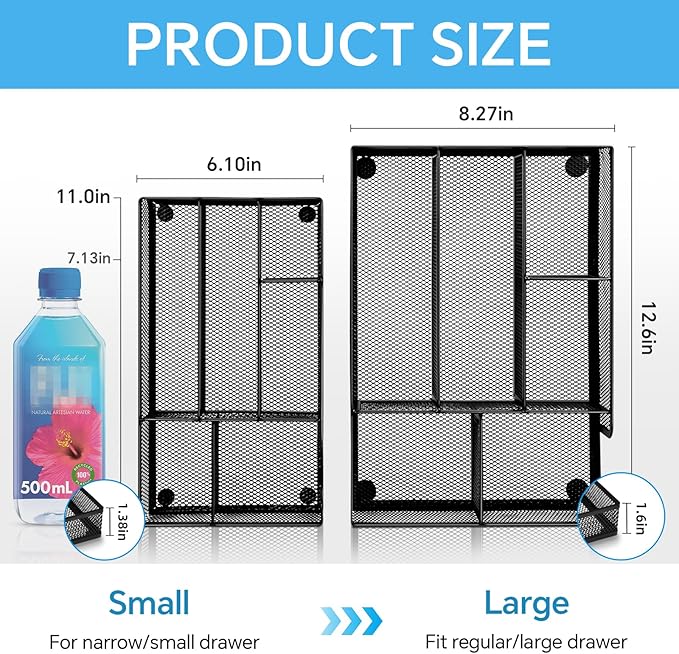 Desk Drawer Organizer, Office Drawer Divider Organizer Tray with 6 Compartments, Metal Mesh Desktop Organization and Accessories for Stationery Makeup Kitchen Toolroom School ＆ Office, 11x6.1x1.38 in