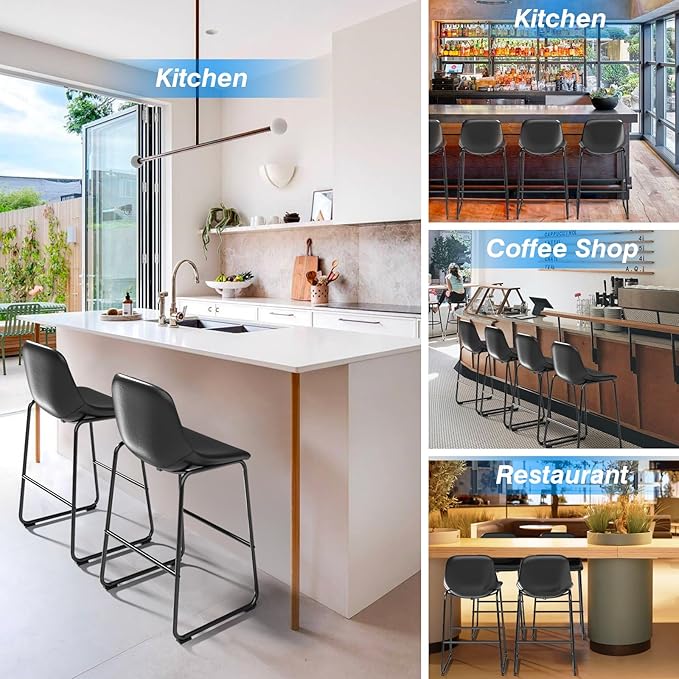 Rfiver Pu Faux Leather Bar Stools Set of 4, Industrial Pub Barstools with Back and Footrest, Modern Armless Bar Height Stool Chairs (Black, 30" Barstool x4)