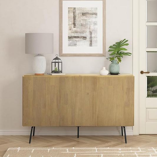 NTC Veil Modern Sideboard with 3 Doors, Buffet Cabinet with Vertical Groove Design and Metal Legs, Storage Cabinet for Living Room, and Hallway, Effortless Assembly, Sand