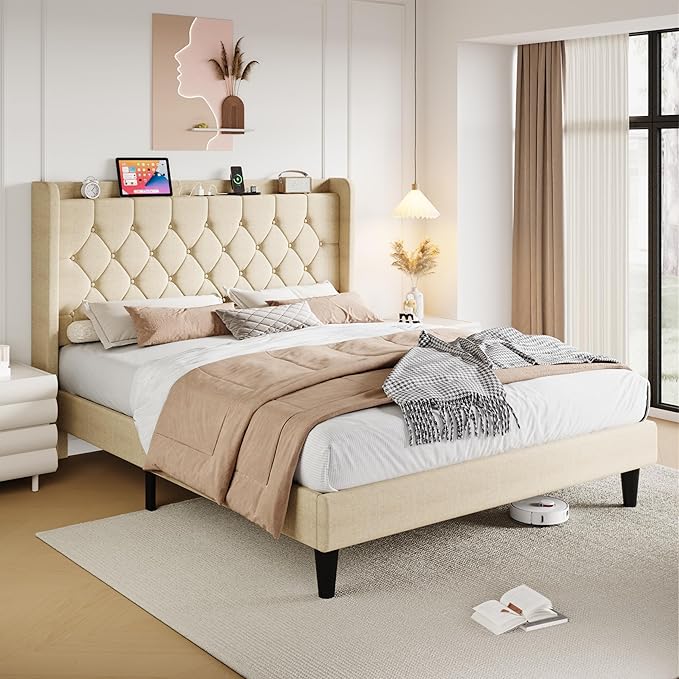SHA CERLIN Full Size Platform Bed Frame with Charging Station, Velvet Wingback Headboard with Storage Shelf, Wooden Slats Support, Ample Under-Bed Space, No Box Spring Needed, Easy Assembly, Beige