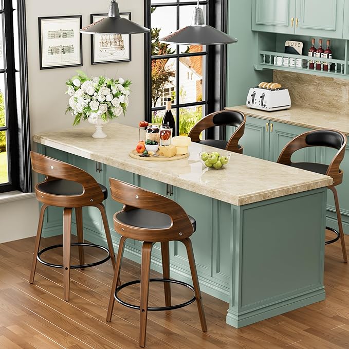 Bar Stools, 26" Counter Height Barstools with Bentwood Legs, Swivel Counter Stools with Back, Mid Century Modern Faux Leather Upholstered Bar Chairs for Kitchen Island, Black
