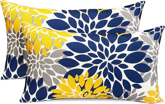 Decorative Throw Pillow Covers Set of 2 Blue Yellow Pillow Covers 12x20 Inch Couch Pillow Covers for Sofa Living Room Outdoor Throw Pillow Cover Linen Floral Flower Farmhouse Pillowcase