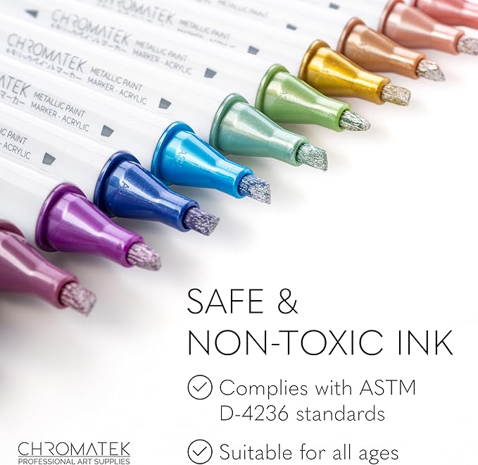 CHROMATEK Dual Tip Metallic Paint Markers - 12 Colors Brush & Chisel Tip Paint Pens for Black Paper, Rock Painting, Scrapbooking, Card Making, Photo Album, Glass, DIY Crafts Art Supplies, Waterproof