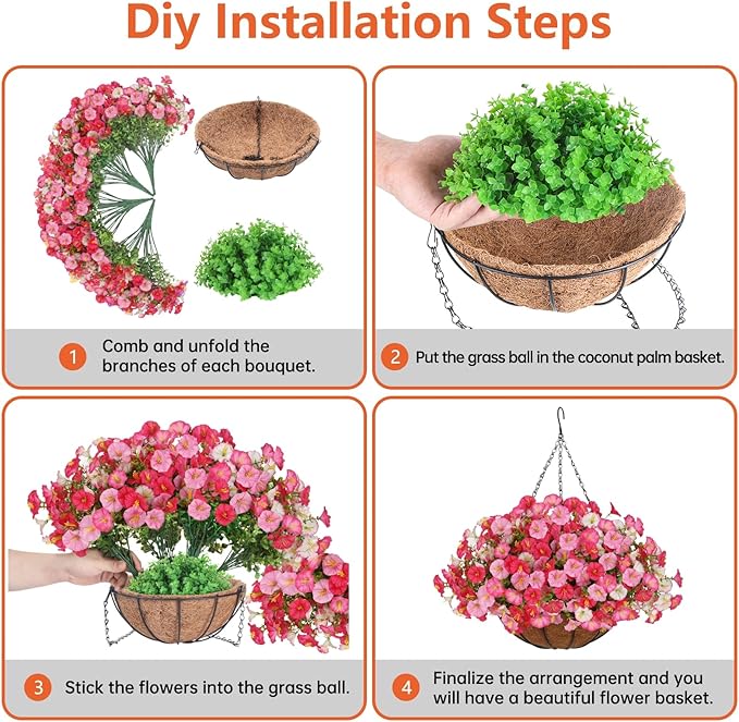 Artificial Hanging Faux Flowers Basket, Fake Silk Petunias Plants Arrangement,for Spring Summer Outdoor Decoration,UV Resistant, Morning Glorias,for Home Garden Decor (Dark Pink&White)