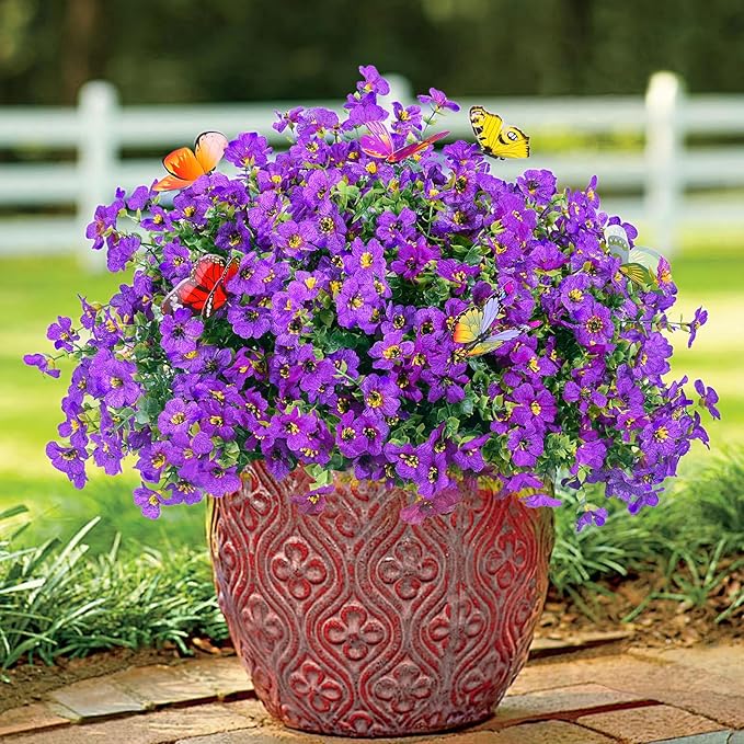 ‌20 Bundles Artificial Flowers for Outdoors‌ with 6 Faux Butterflies, UV Resistant ‌Fake Flowers‌ with Eucalyptus Leaves, ‌Artificial Plants Outdoor‌ for Patio Garden Porch Home Decor (Purple)