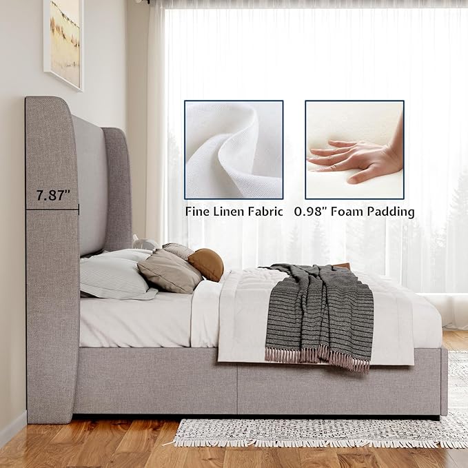 Jocisland Queen Size Lift Up Storage Bed Frame Linen Upholstered Platform Bed/Hydraulic Storage/Modern Wingback Headboard/No Box Spring Needed/Wood Slats Support/Light Grey