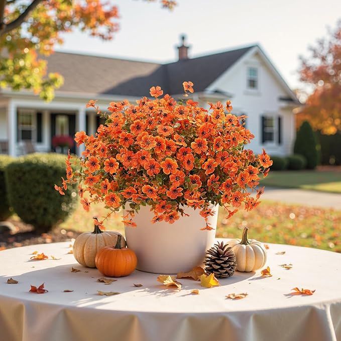 Artificial Mums Fall Fake Flowers for Outdoors, 12 Bundles Faux Mums for Outdoor Planters Autumn Decorations,UV Resistant Silk Flowers Plastic Plants for Front Porch Garden Patio Home Decor (F-Orange)