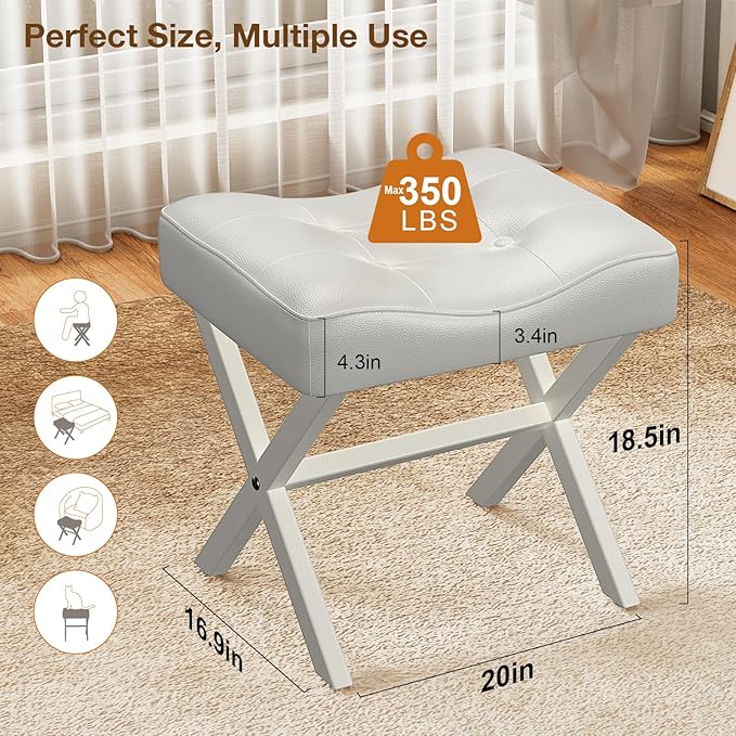 18-Inch Large Leather Vanity Stool, Vanity Chair with Metal X-Leg, Ottoman Accent Stool with Thick Padded Saddle Seat, White