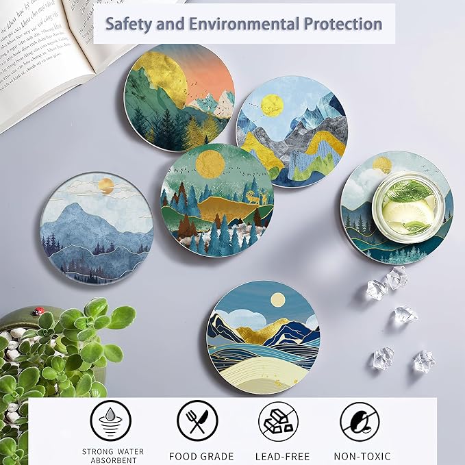 6 Pcs Coasters for Drinks with Holder, Abstract Mountain Sun Absorbent Ceramic Coasters with Cork Base,Cute Funny Table Drinks Coasters Tabletop Protection Mat,Table Home Decor,4 Inches