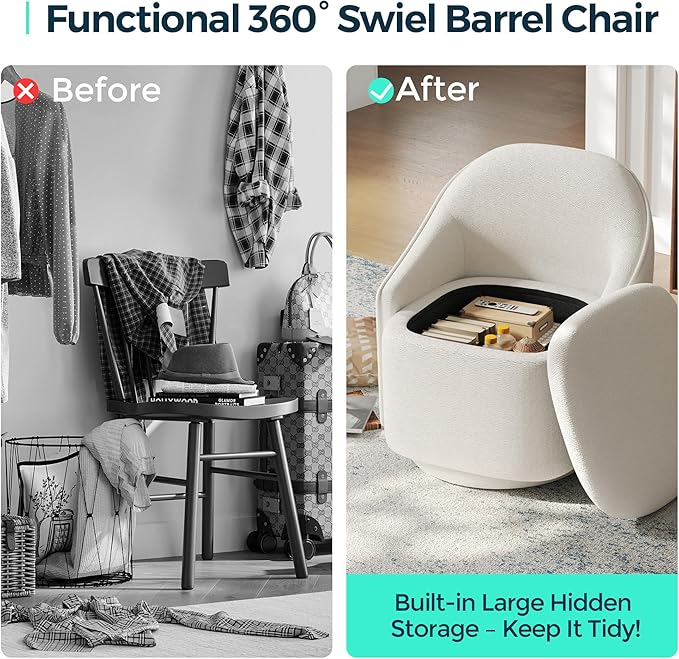 LINSY Swivel Accent Chair with Storage Comfy Chenille Barrel Chairs, Small 360 Swivel Modern Armchair for Living Room Bedroom, Boucle Reading Chair for Study Room (Beige)