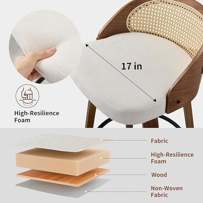 26 inch Swivel Bar Stools with Back, Set of 2 Mid-Century Modern Counter Stools, Beige Soft Textured Fabric Seat with Walnut Frame and Footrest for Kitchen Island & Dining Area