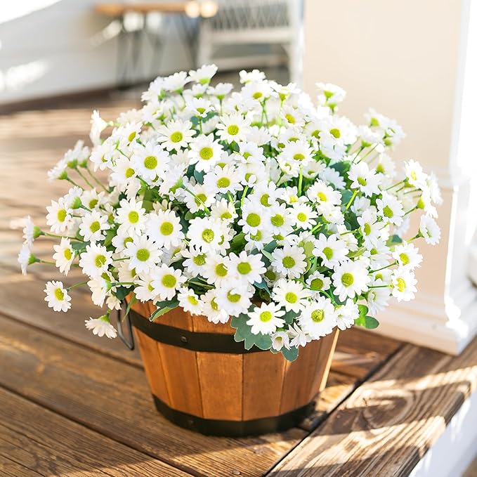 Daisy Artificial Flowers for Outdoors Fall Autumn Decoration, 6 Bundles Fake Mums White Silk Flowers for Outside Look Real UV Resistant Faux Flowers Plants for Planter Front Door Home Indoor Porch Urn