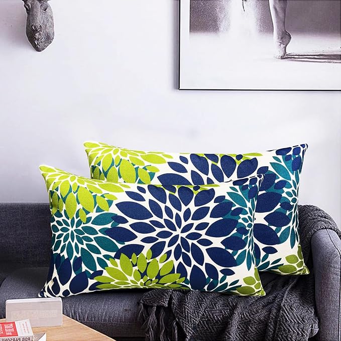 Decorative Throw Pillow Covers Set of 2 Blue Green Pillow Covers 12x20 Inch Couch Pillow Covers for Sofa Living Room Outdoor Throw Pillow Cover Linen Floral Flower Farmhouse Pillowcase