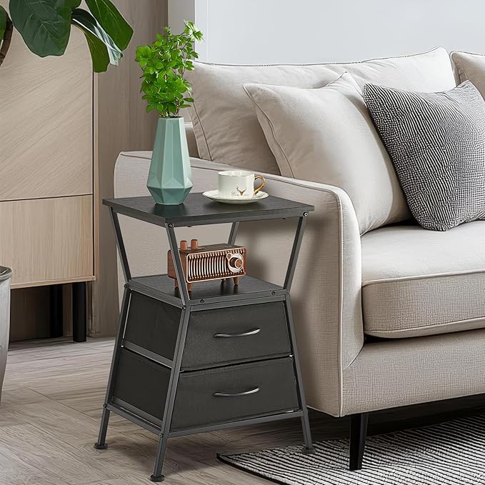 Nightstand with Charging Station, Side Tables for Bedroom with Built-in USB Side Table with 2 USB Ports and Outlets Nightstand with Cloth Drawer End Tables Living Room Sofa Couch