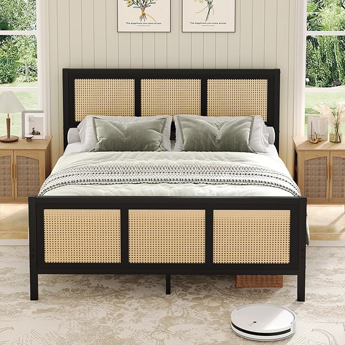 Rattan Full Bed Frame, Boho Full Size Bed Frame with Headboard, Metal Platform Bed Frames Full with Strong Slats Support, No Box Spring Needed, Noise Free, Easy Assembly, Black