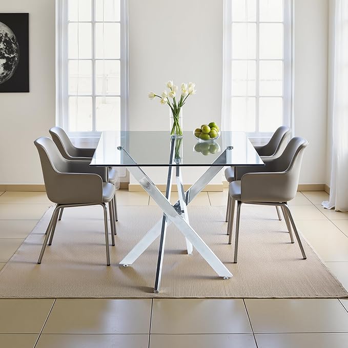 Dining Table for 4 Modern 35.43" Rectangular Glass Dining Table Kitchen & Dining Room Tables with Metal Base for Dining Room and Apartment, Chrome