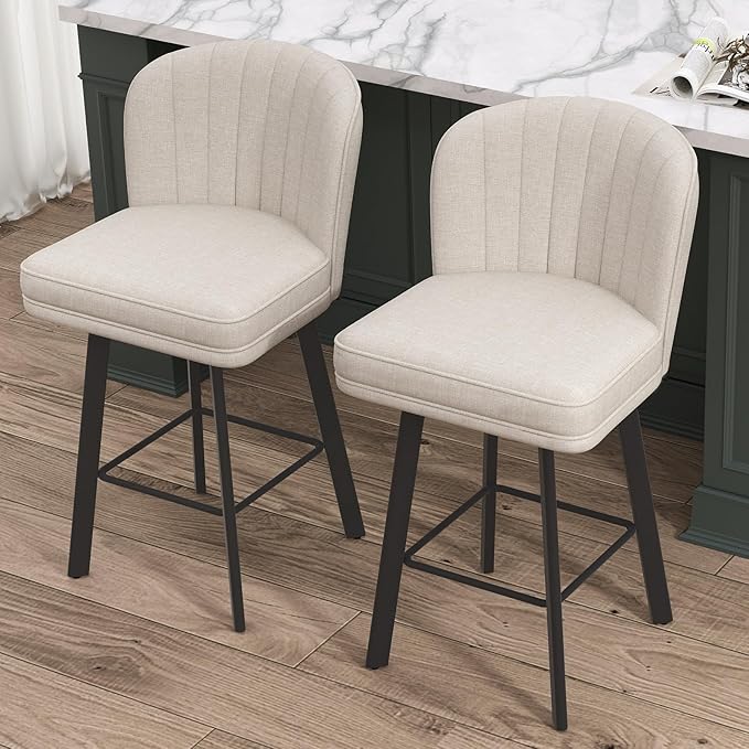 Swivel Counter Height Bar Stools Set of 2, 26'' Modern Barstools with Backs and Metal Legs, Upholstered Bar Chairs, Beige, Fabric Stools for Kitchen Island Chairs