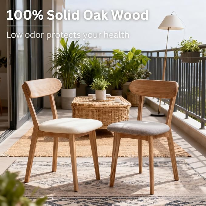 100% Solid Oak Wooden Dining Chairs - Practical Kitchen Chairs with Upholstered Cushion - Wood Chair for Dining Room, Kitchen (1, Natural with White Cushion)