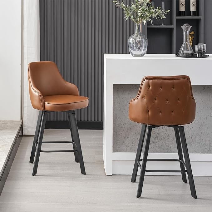 Bar Stools Set of 3, 26" Swivel Counter Height Bar Stools with High Back, Faux Leather Kitchen Barstools Counter Height for Kitchen Island (Dark Brown, 3PCS 26" Counter Stools)