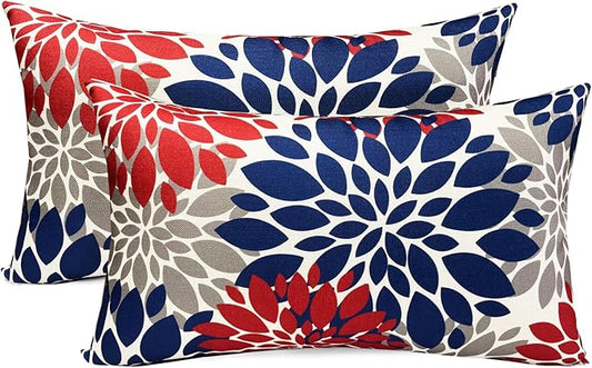 Decorative Throw Pillow Covers Set of 2 Red Blue Pillow Covers 12x20 Inch Couch Pillow Covers for Sofa Living Room Outdoor Throw Pillow Cover Linen Floral Flower Farmhouse Pillowcase