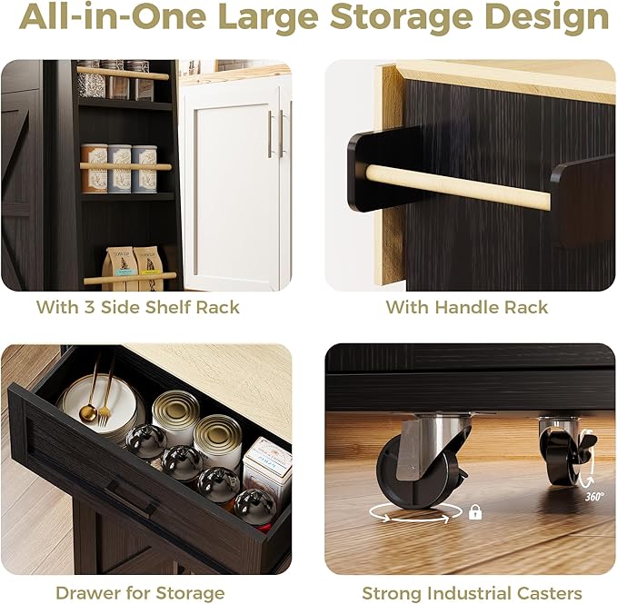 IRONCK Kitchen Island Cart with Storage, Rolling Kitchen Table with Power Outlet, Storage Cabinets on Wheels with Drop Leaf, Portable for Dining Room, Black