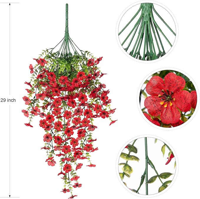 Artificial Hanging Flowers for Outdoors Faux Plants Decoration, 2 Packs Fake Silk Daisy Flower Realistic Outdoor Flowers UV Resistant Porch Patio Window Yard Outside Decor(Red)