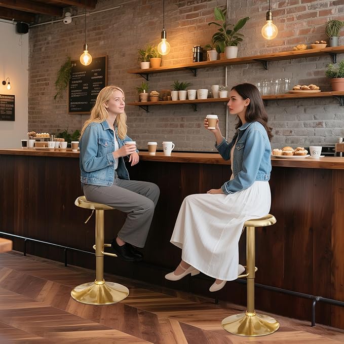 Brage Living Bar Stools Set of 2, Adjustable Height Swivel Bar Stools, Metal Airlift Barstools, Backless Counter Height Bar Chairs for Kitchen Dining Room Pub Cafe (Gold)