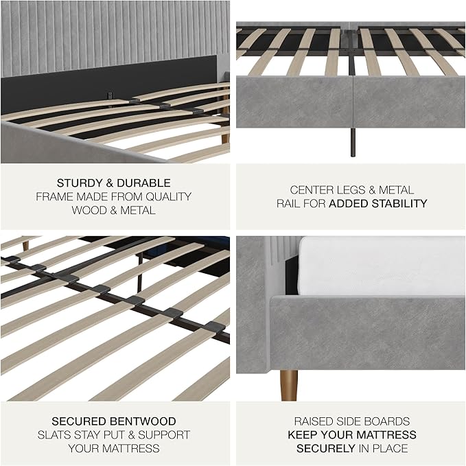 Mr. Kate Daphne Upholstered Queen Bed Frame with Headboard, Modern Platform Velvet Queen Bed Frame, Light Gray Velvet