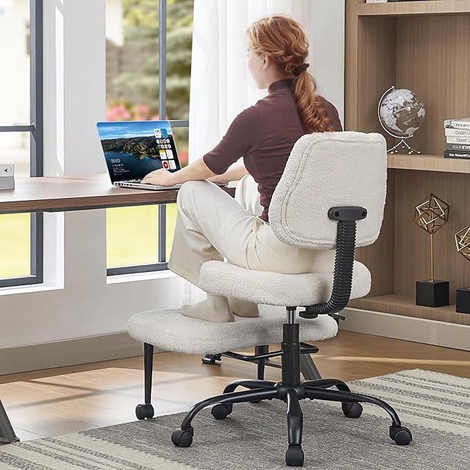 Criss Cross Legged Meditaion Chair,Exquisite Home Office Furniture,Ergonomic Kneeling with Lumbar Support and Adjustable Height Stool,for ADHD Adults,Teddy Fabric,White