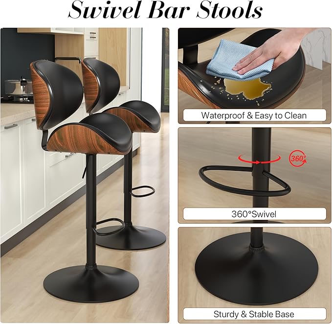 KCC Bar Stools Set of 4, Swivel Adjustable Height Barstools, PU Leather Upholstered Bar Chairs with Footrest, Bentwood Bar Stool for Kitchen, Bar, Dining Room(Black PU)