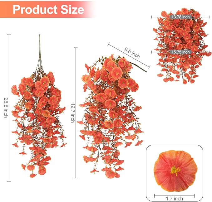 Fall Flowers Artificial for Decoration, 4Pcs Fake Hanging Flowers Morning Glory UV & Fading Resistant, Artificial Faux Plants Deocr for Home Patio Yard Garden Farmhouse Fall Decor Halloween