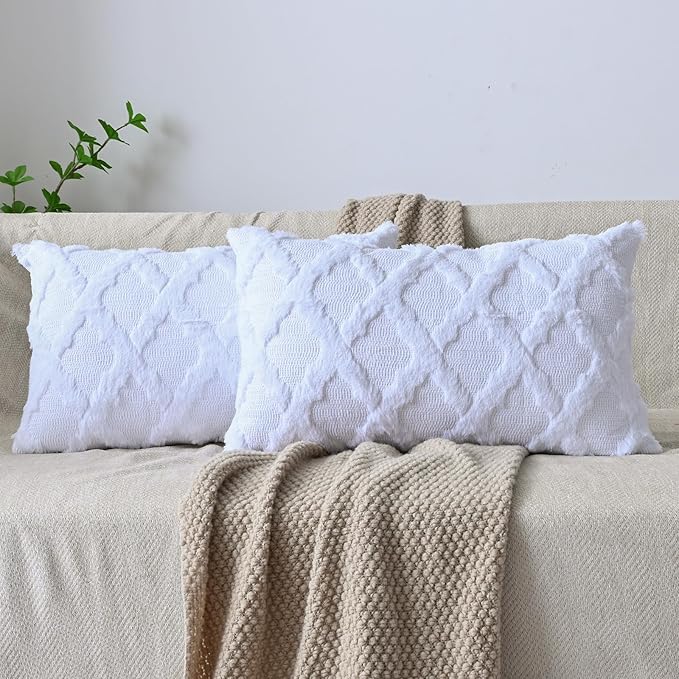 Set of 2 Soft Moroccan Throw Pillow Covers 12x20 Inch Plush Boho Decorative Pillow Cover Accent Cushion Case for Couch Sofa Bed, Pure White