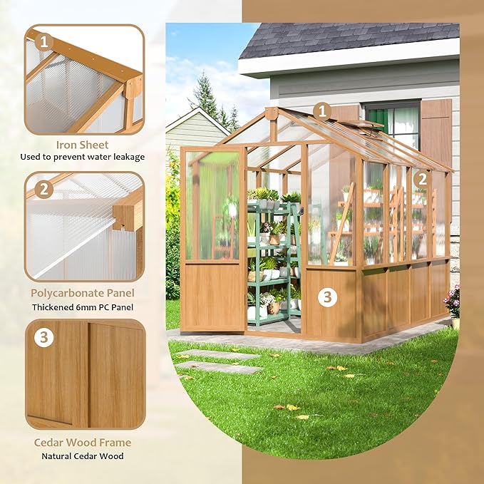 6x8 FT Greenhouse, 6MM Thick Polycarbonate Panel Wooden Walk-in Green House with Adjustable Roof Vents and Lockable Door,Garden Backyard, Patio, Lawn, Brown