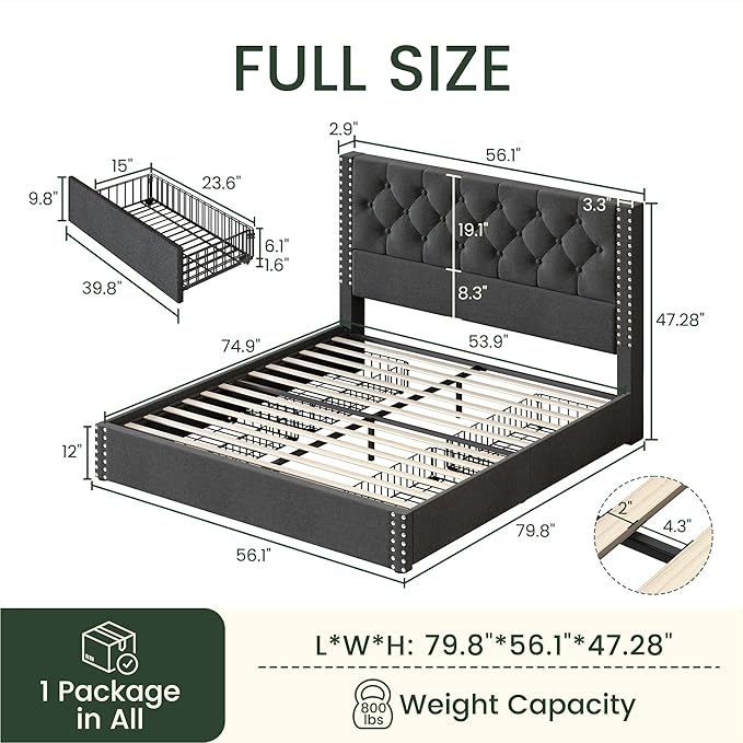 LARMACE Full Size Bed Frame Upholstered Platform Bed with 4 Storage Drawers and Tufted Headboard Linen Bed Frame with Heavy Duty Wood Slats, No Box Spring Needed, Easy Assembly, Dark Grey