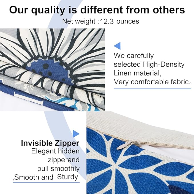 Blue Pillow Covers 16x16 Inch Set of 4 Decorative Throw Pillow Covers Couch Pillow Covers for Sofa Outdoor Throw Pillow Cover,Linen Square Pillow Case Farmhouse Room Modern Home Decor