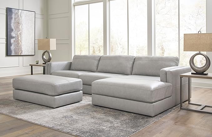 Signature Design by Ashley Amiata Modern L-Shaped Leather Match 2-Piece Sectional with Chaise, Light Gray