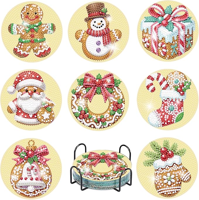 eniref 8 Pcs Christmas Diamond Art Coasters Kits with Holder, Gingerbread Snowman 5D DIY Diamond Pinting Coasters Acrylic Round Cup Coaster with Cork Pads for Tabletop Protection 10×10 CM
