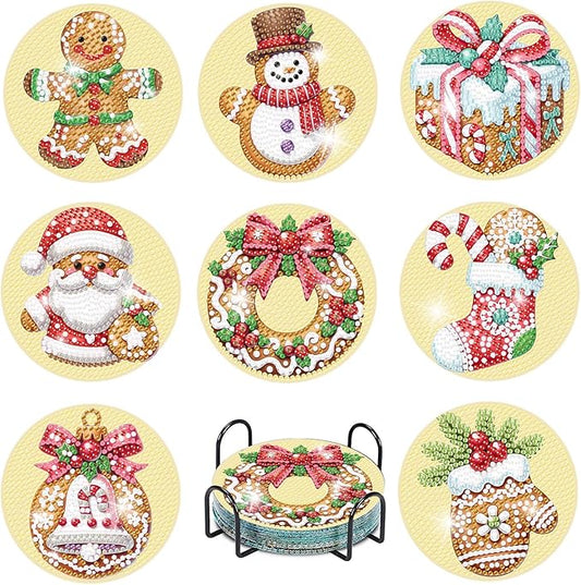 eniref 8 Pcs Christmas Diamond Art Coasters Kits with Holder, Gingerbread Snowman 5D DIY Diamond Pinting Coasters Acrylic Round Cup Coaster with Cork Pads for Tabletop Protection 10×10 CM